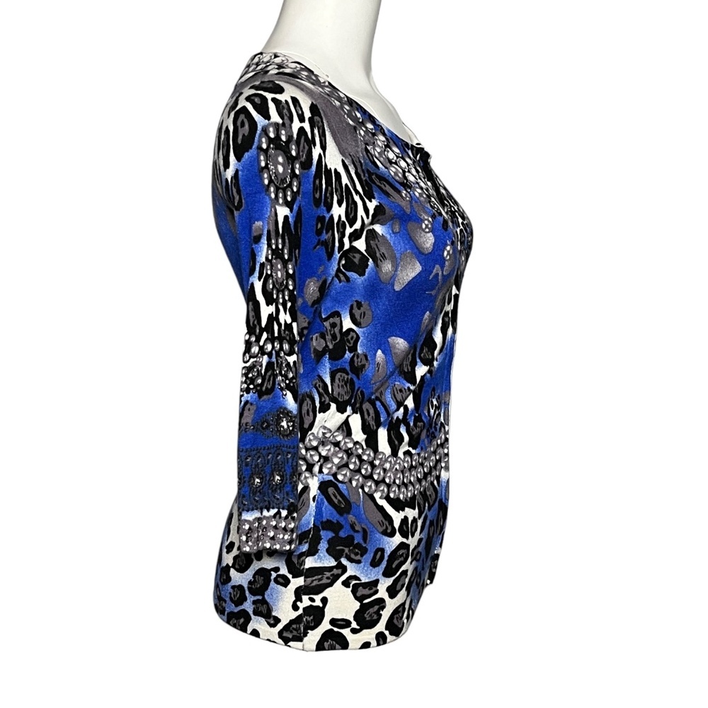 Cache Leopard Print Rhinestone Embellished Knit Cardigan Sweater Blue Size Small - Picture 3 of 9
